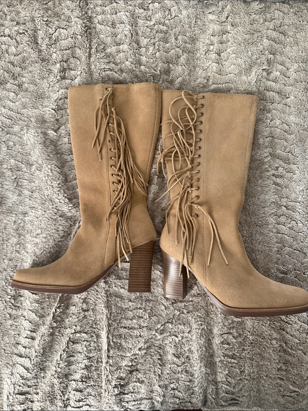 NWOT Women's Expressions Tan Suede Fringe Lace-Up Mid-Calf Boots 6.5